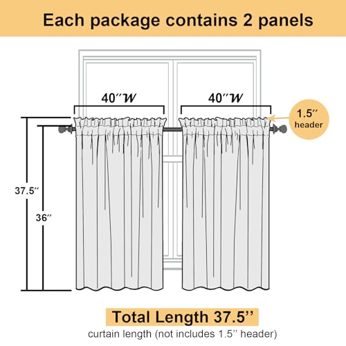 36 Inch White Sheer Curtains Tiers 2 PCS with Dual Rod Pockets (White / 40"W x 36"L (Pack of 2))