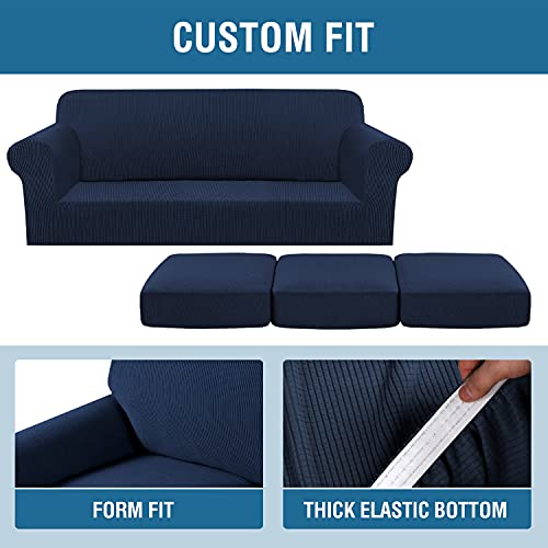 4 Piece Stretch Sofa Covers for 3 Cushion Couch Covers for Living Room Furniture Slipcovers (Large / Navy)