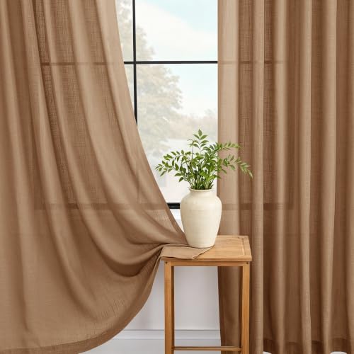 Brown Curtains for Living Room Back Tab Modern Farmhouse Semi Sheer Curtains 84 inches Long 2 Panels Set Muted Neutral Window Curtain for Dining Room Bedroom 52x84 (Brown / 52"W x 84"L (Pack of 2))