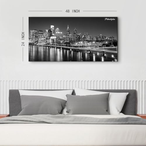 Philadelphia Skyline Wall Art Black and White City Canvas Pictures Bedroom Decor Pennsylvania Cityscape Prints Philly City Night View Paintings Poster Modern Aesthetic Artwork for Home Decoration 24x48" (48"L x 24"W / Philly)