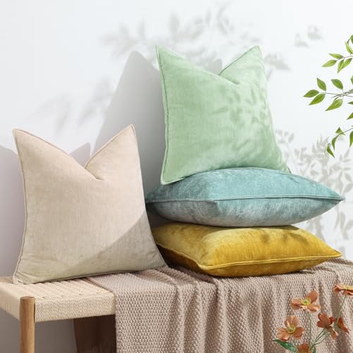 Chenille Sage Green Velvet Throw Pillow Covers 16x16 Set of 2 (Sage Green / 16" x 16" (Pack of 2))
