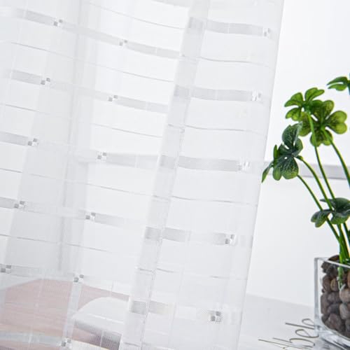 Check Sheer Curtains 45 Inches Long for Living Room (Check - White / 52"W x 45"L (Pack of 2))