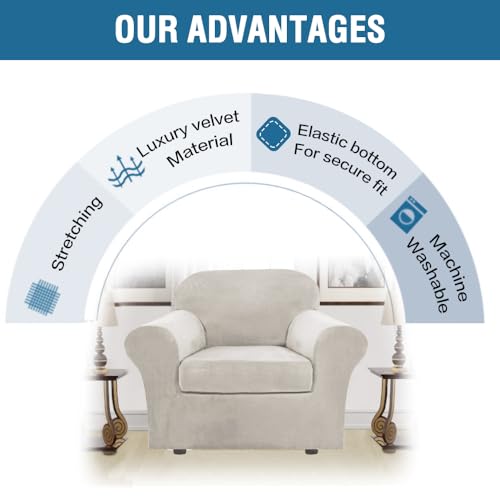Rich Polyester Spandex Blend 2 Piece Cover Chair Slipcover Sofa Cover Furniture Protector Couch Soft with Elastic Bottom Chair Couch Cover with Arms Width Up to 49 Inch (1 Cushion Chair / Oatmeal)