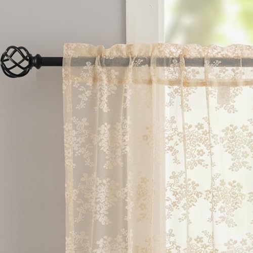 Vintage Lace Curtains 24 inch Length 2 Panles Short Sheer Cafe Curtains for Windows (Beige / 26"W x 24"L (Pack of 2))