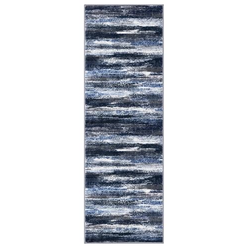 Abstract Washable 2x6 Runner Rug Non Slip Runners for Hallway (Navy Blue and Gray / 2' x 6' (Runner))