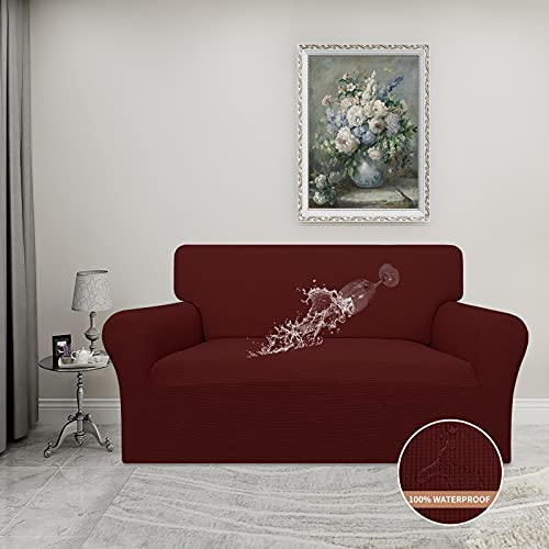 100% Waterproof Loveseat Couch Cover Stretch Jacquard Sofa Cover (Wine / Loveseat)