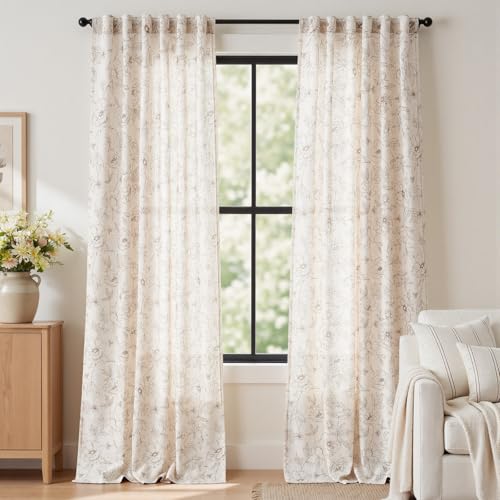Floral Linen Curtains for Living Room 96 Inch Length Taupe Flower Curtain Rod Pocket Back Tab Farmhouse Curtains with Printed Floral Bedroom Window Curtain Set (Penny Taupe on Ecru / 50"W x 96"L (Pack of 2))