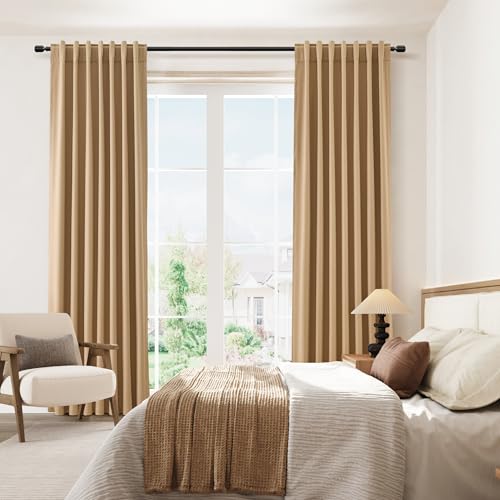 100% Blackout Linen Curtains 120 Inch Length 2 Panels Set for Living Room Bedroom Back Tab Thermal Insulated Black Out Linen Drapes Room Darkening Window Curtains (Camel Brown / 52"W x 120"L (Pack of 2))
