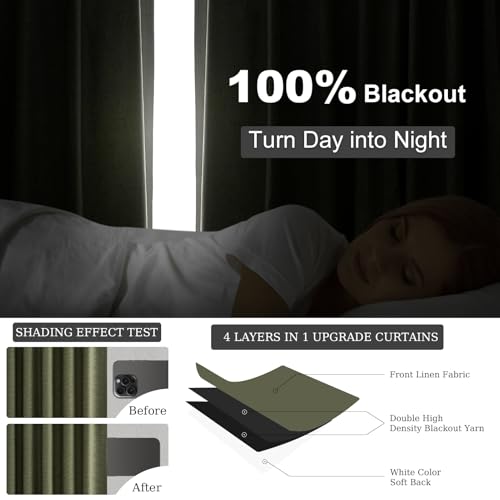 Green Blackout Curtains 95 Inches Long 2 Panels Set Room Darkening Vintage Farmhouse Country Linen Curtain Drapes for Bedroom Heavy Duty Thick Soundproof Viral Pleated Drapes (Olive Green / 52"W x 95"L (Pack of 2))