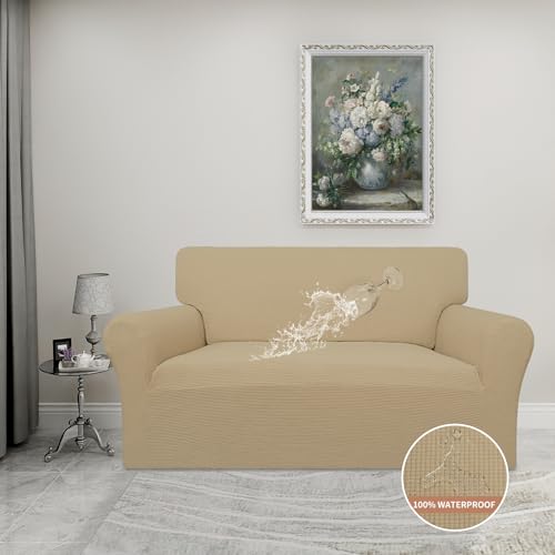 100% Waterproof Loveseat Couch Cover Stretch Jacquard Sofa Cover (Sand / Loveseat)