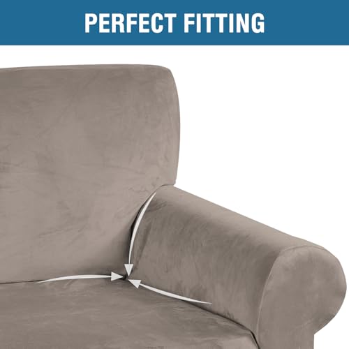 Stretch Velvet Loveseat Covers for 2 Cushion Couch Covers for Living Room Sofa Covers Slipcovers with Non Slip Straps Bottom (Taupe / Loveseat)