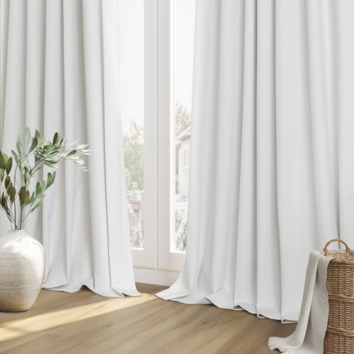 White 100% Blackout Linen Curtains 52 Inch Wide by 88 Inch for Living Room Bedroom Back Tab (White / 52"W x 88"L (Pack of 2))