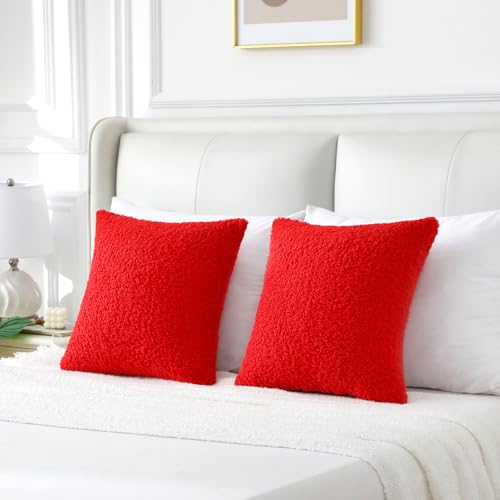 Pack of 2 Faux Fur Teddy Boucle Pillow Covers 20x20 Inch (Red / 20" x 20" (Pack of 2))