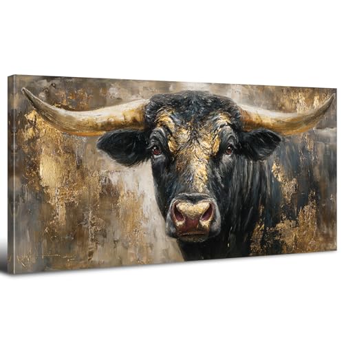 Black and Gold Cow Wall Art Highland Cow with Long Horns Pictures Wall Decor Farmhouse Animal Paintings Poster Vintage Western Country Canvas Artwork for Living Room Office Home Decorations 30x60" (60L" x 30W" / Longhorns Cow)