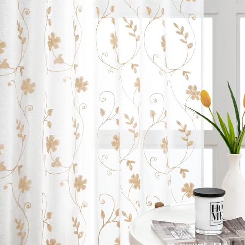Yellow Sheer Curtains 96 Inches Long 2 Panels Yellow and White Embroidered Floral Pattern Semi Sheer Window Curtains for Bedroom Living Room (52"W x 96"L (Pack of 2) / White & Yellow)