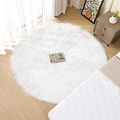 White Fluffy Faux Sheepskin Washable Fur Round Rug 5ft Nursery Rugs for Bedroom Plush Boho Circle Rug for Living Room Teen Room Décor (5' (Round) / White)