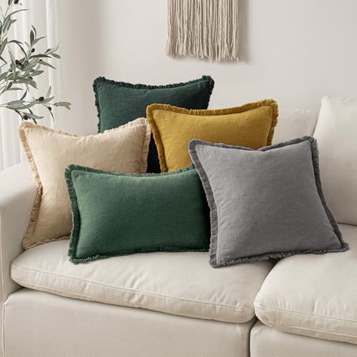 Linen Fringe Decorative Lumbar Throw Pillow Covers Army Green 12x20 (20" x 12" (Pack of 2) / Army Green)
