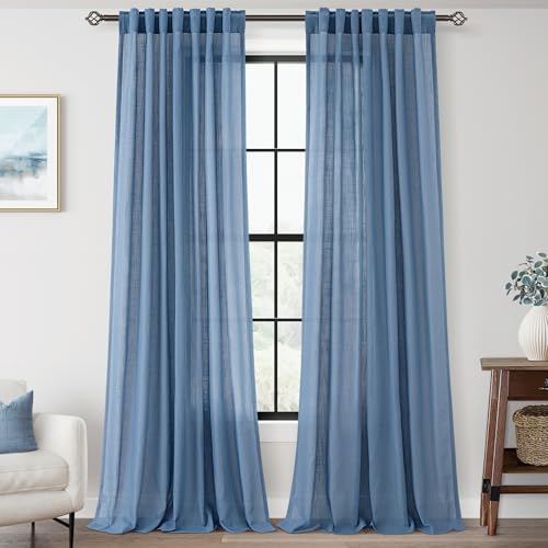 Denim Blue Curtains for Living Room Back Tab Modern Farmhouse Semi Sheer Blue Curtains 120 inches Long 2 Panels Set Muted Neutral Window Curtain for Dining Room Bedroom 52x120 (Denim Blue / 52"W x 120"L (Pack of 2))