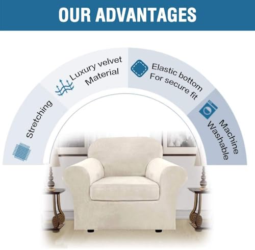 Rich Velvet Stretch 2 Piece Cover Chair Slipcover Sofa Cover Furniture Protector Couch Soft with Elastic Bottom Chair Couch Cover with Arms Width Up to 49 Inch (1 Cushion Chair / Ivory)