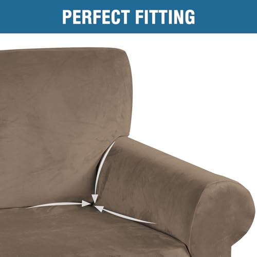 Stretch Velvet Armchair Cover Couch Covers 1 Cushion Chair Slipcover for Living Room Furniture Cover Crafted from Thick Comfy Rich Velour (Mocha / Armchair)