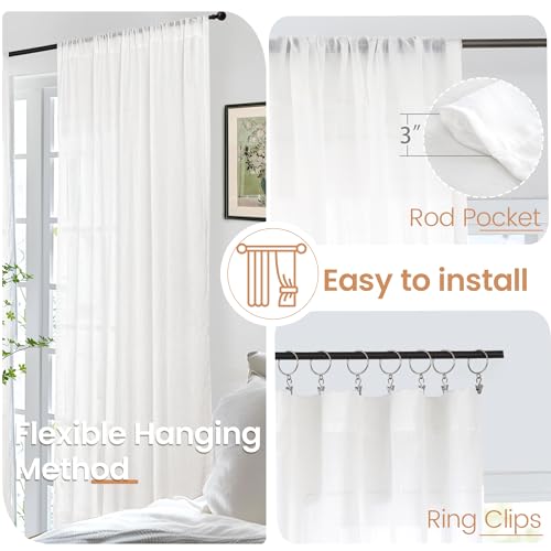 White Semi Sheer Linen Curtains 63 Inch Length for Bedroom 2 Panels Set (White / 52"W x 63"L (Pack of 2))