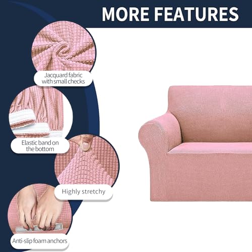 2026 New Stretch Loveseat Sofa Slipcovers Couch Cover for 2 Cushion Furniture Protector Sofa Covers with Elastic Bottom Jacquard Fabric Small Checks for Pets (Dusty Pink / Loveseat)