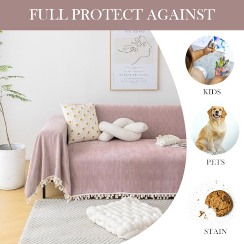 Soild Couch Covers for Dogs Pink (91" x 134" / Tassel Ball: Light Pink)