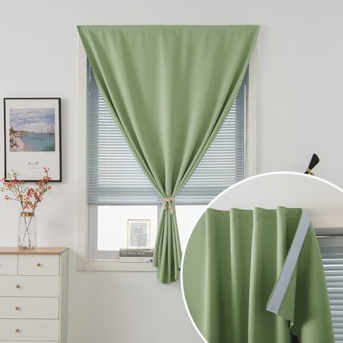 Magic Tape Blackout Curtains for Bedroom No Drillng Self Adhesive Curtains No Rod Small Window (59"W x 84"L (Pack of 1) / Sage Green)
