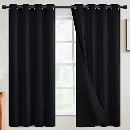 Black 100% Blackout Curtains Room Darkening Living Room 63 Inch (Black / 52"W x 63"L (Pack of 2))
