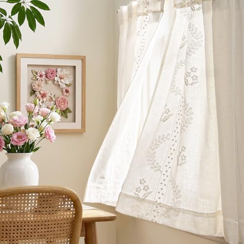 White Floral Linen Kitchen Tier Curtains 36 Inch (A| Off White / 26"W x 36"L (Pack of 2))