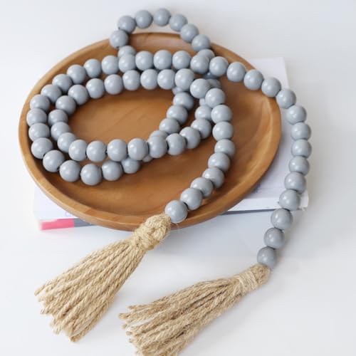 Boho Decor Wood Beads Garland Farmhouse Wall Hanging Decorations Natural Wooden Bead Tassel Decorative for Coffee Table Christmas and Prayer (Grey / 58")