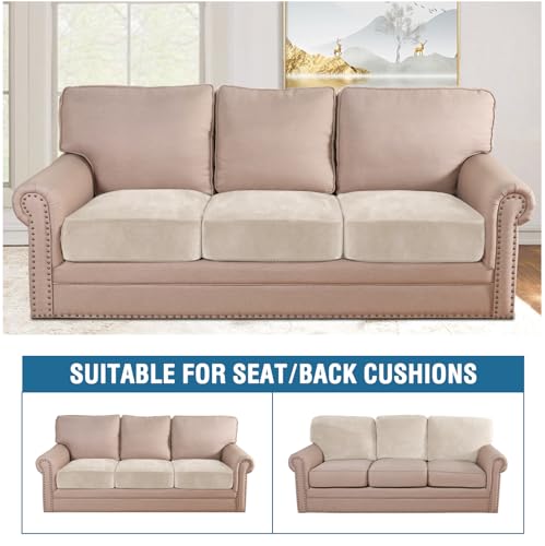Velvet Stretch Couch Cushion Cover Plush Cushion Slipcover for Chair Loveseat Sofa Cushion Furniture Protector Seat Cushion Sofa Cover (Ivory / 3 Cushion Sofa)