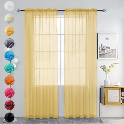 Solid Sheer Rod Pocket Curtain Voile Draperies 2 Panels White Beige Black Grey Ivory 52 Inch Width 45 Inch Long 1 Pair for Kitchen Bedroom Children Living Room Yard (Gold / 52"W x 45"L (Pack of 2))