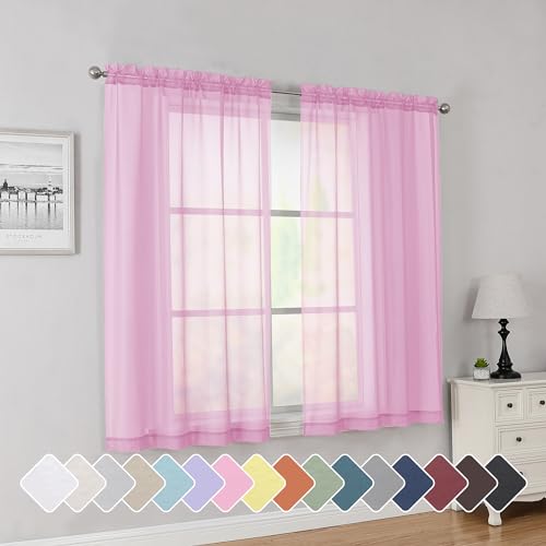 Pink Short Sheer Curtains 45 Inch Length for Small Windows (Pink / 42"W x 45"L (Pack of 2))
