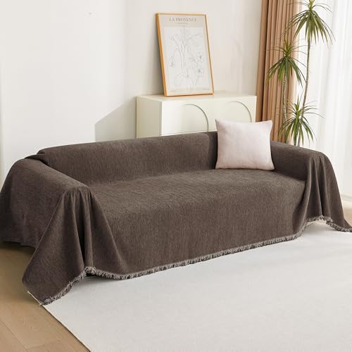 Boho Couch Cover Chocolate Sofa Covers with White Tassel Farmhouse Sofa Slipcover Simple Couch Protector for Dogs Chenille Sectional Couch Covers L Shaped Couch Cushion Covers (91" x 134" / Tassels Edge-deep Chocolate)