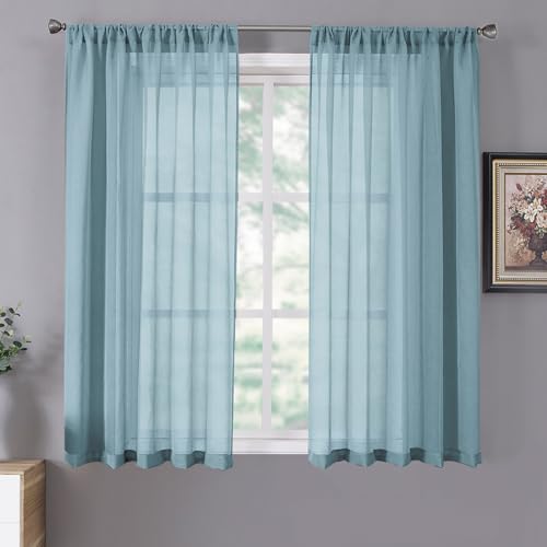 Short Sheer Curtain Linen Textured Bedroom Curtains Sheer Light Filtering Rod Pocket Voile Curtain for Living Room (54"W x 54"L (Pack of 2) / Dusty Blue)