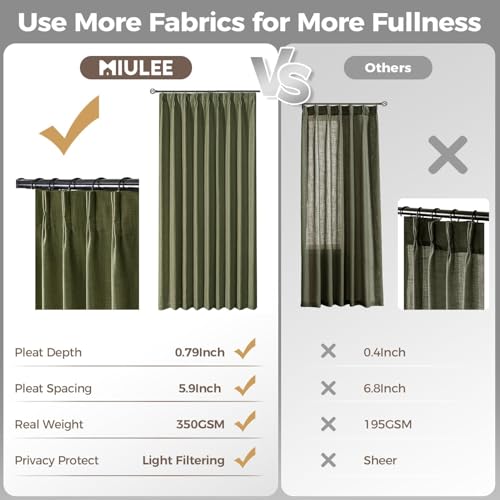 Olive Green Pinch Pleated Linen Curtains 108 Inches Long 2 Panels (Olive Green / 40"W x 108"L (Pack of 2))