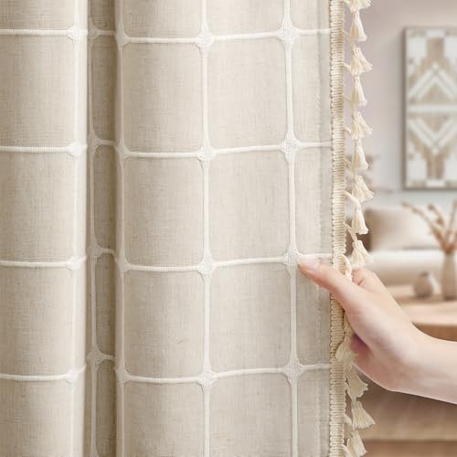 Boho Blackout Plaid Curtains 84 Inch Drapes Linen Blend 2 Panels (Plaid / 52"W x 84"L (Pack of 2))