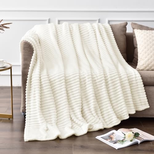 3D Ribbed Jacquard Cream Fleece Twin Blanket for Couch (Cream / Twin(60"x80"))