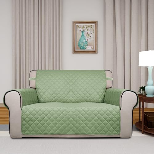 Reversible Quilted Couch Covers for Dogs Loveseat Sofa Cover 46.5” (Medium / Sage Green/Ivory)