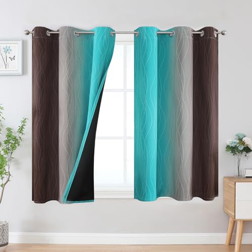 Brown and Teal Ombre Blackout Curtains for Bedroom 45 Inch (Teal and Brown / 42"W x 45"L (Pack of 2))