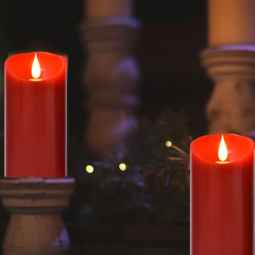 Flameless Battery Operated LED Candles 3D Wick Remote Control 24 (D3"xH6" - 2pack / Red-warm light)