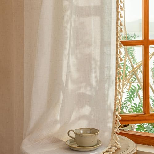 Natural Boho Sheer Curtains with Macrame 63 Inches Length for Short Window Treatment