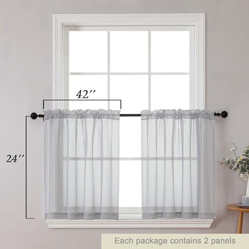 Kitchen Curtains 24 Inch Length Tier 2 Pieces (Light Grey / 42"W x 24"L (Pack of 2))