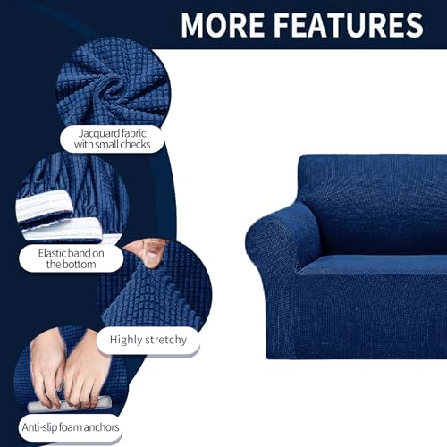2026 New Stretch Loveseat Sofa Slipcovers Couch Cover for 2 Cushion Furniture Protector Sofa Covers with Elastic Bottom Jacquard Fabric Small Checks for Pets (Classic Blue / Loveseat)