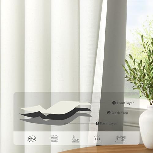 Ivory Blackout Curtains 90 Inches Long 2 Panel Light Blocking Patio Drape for Sliding Glass Doors Rustic Country Curtain for Nursery Bedroom Thick Linen Cotton Textured Off White Back Tab Pocket 52x90 (Ivory / 52"W x 90"L (Pack of 2))