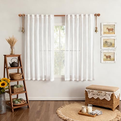 White Sheer Curtains 63 inch Length for Bedroom Semi Sheer Light Filtering Curtains Short Window Treatment Privacy Protect Drapes Set (50"W x 63"L (Pack of 2) / Pure White)