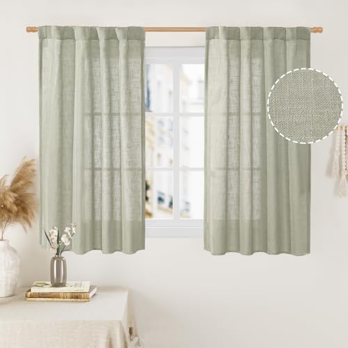 45 Inch Length Linen Curtains for Small Window Bedroom (Sage Grey / 34"W x 45"L (Pack of 2))