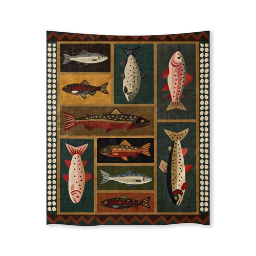 Fish Tapestry 50 X 60 Inches Vintage Dark Western Wall Art Rustic Country Salmon Trout Painting Retro Cabin Aesthetic Decor for Living Room Bedroom (Tapestries / Black / 60"L x 50"W)