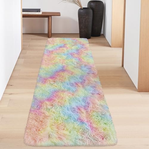 Fluffy Rainbow Rug for Girls Bedroom 2x6 Feet Kawaii Tie Dye Runner Rug Cute Colorful Unicorn Area Rug for Kids Teens Nursery Baby Princess Room Living Room Dorm Home Decor Mat Carpets (Tie-dyed Rainbow / 2' x 6' (Runner))